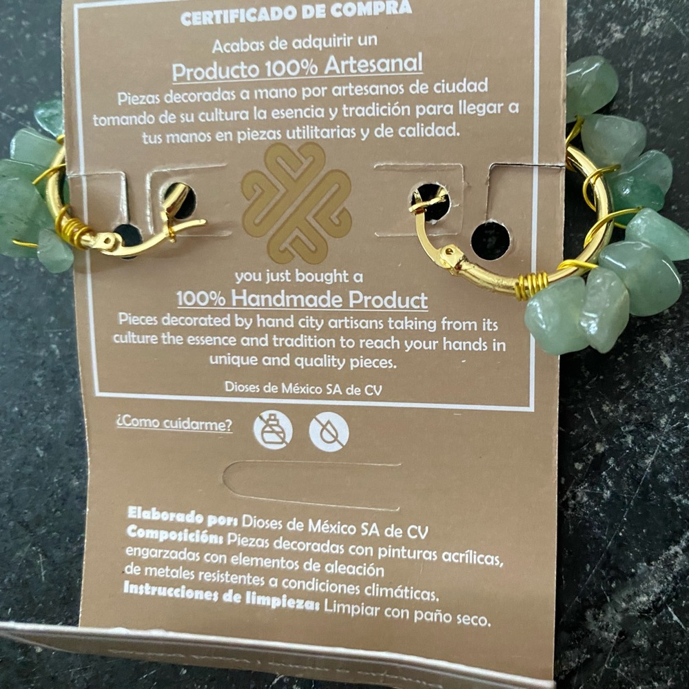 Earrings hand made in Mexico. Faux jade hoops